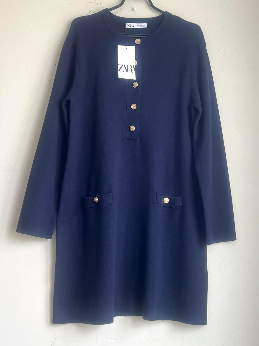 ZARA Navy Long-Sleeve Button Detail Shift Dress